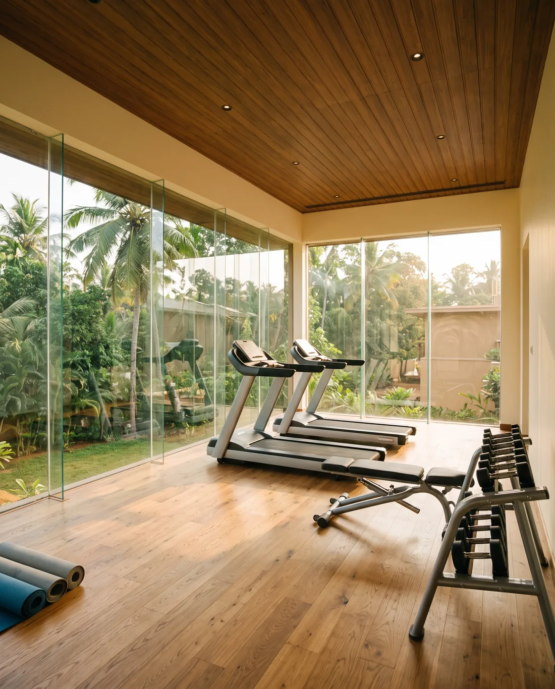 The glass-walled fitness centre, looking out on the garden.