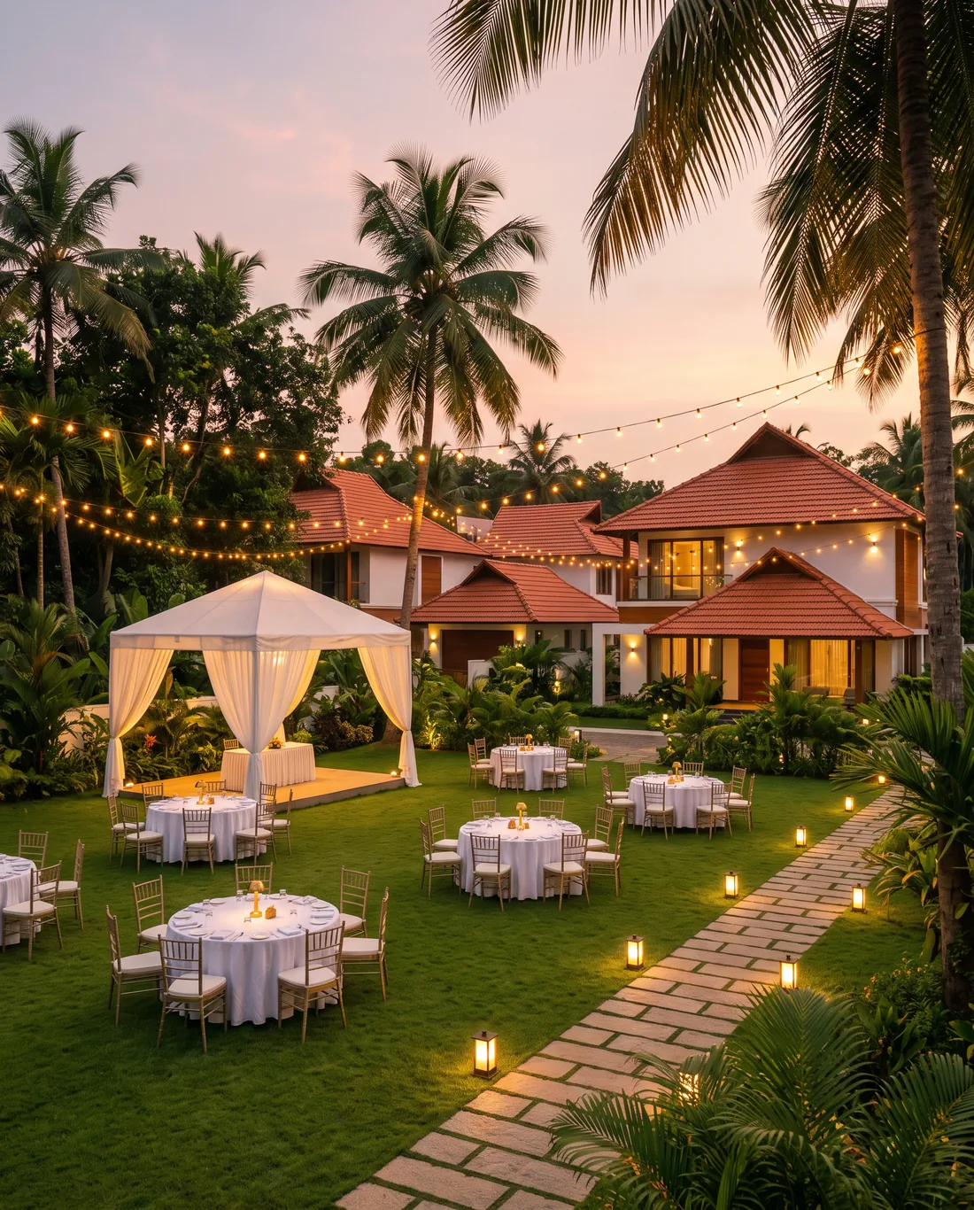 The celebration lawn set for an evening gathering under festoon lights.