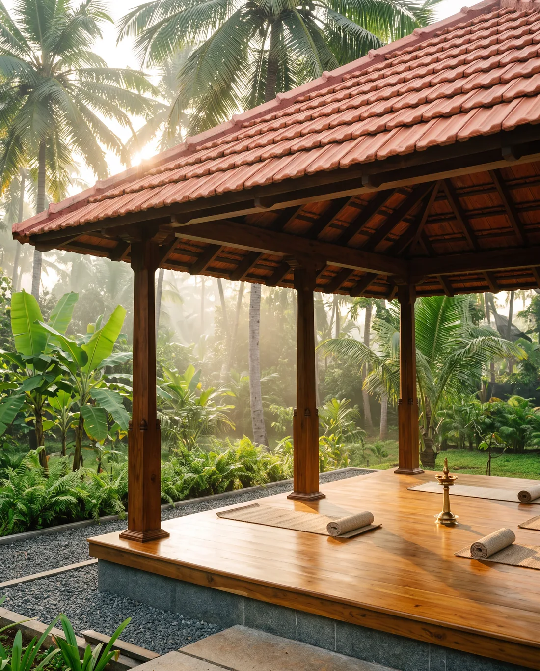 The tiled timber yoga pavilion among palms, set with mats and a brass lamp.