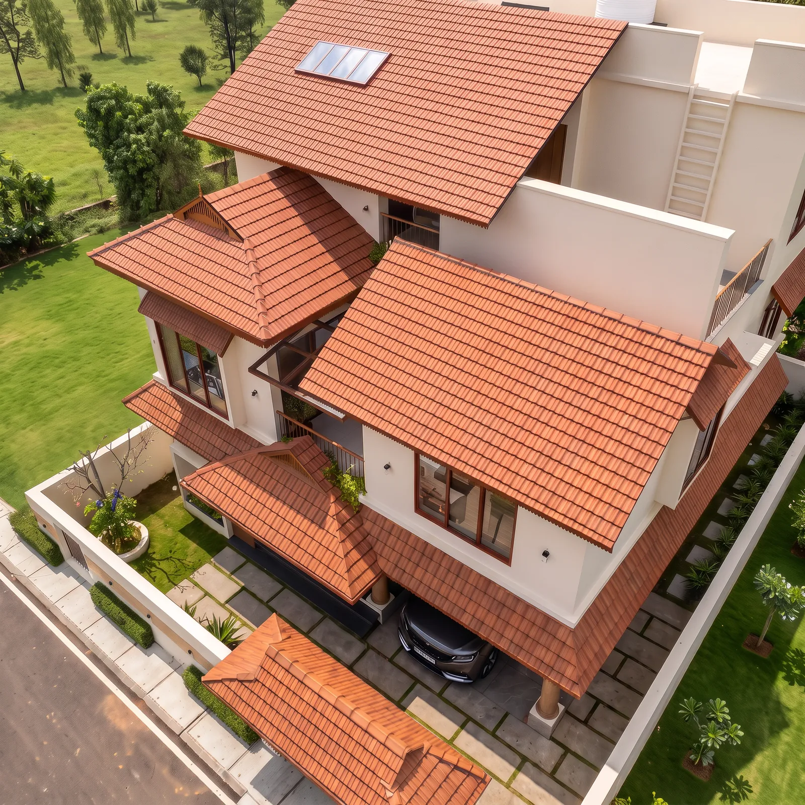 A villa from above, with its car porch and courtyard. Artist's impression.