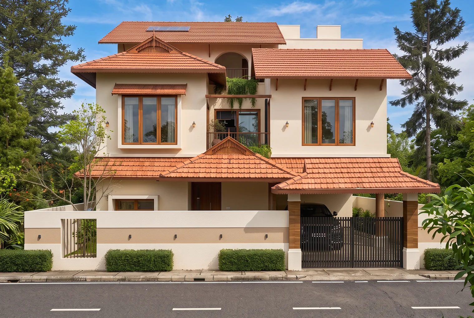 Front elevation of an Avani villa: tiled roofs, carved timber gables, wide windows and a gated car porch. Artist's impression.