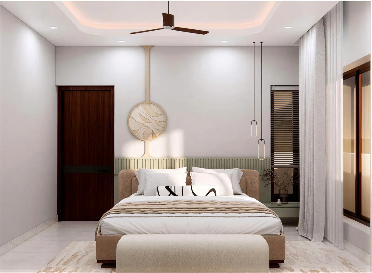 A bedroom with soft light and a reading corner. Artist's impression.