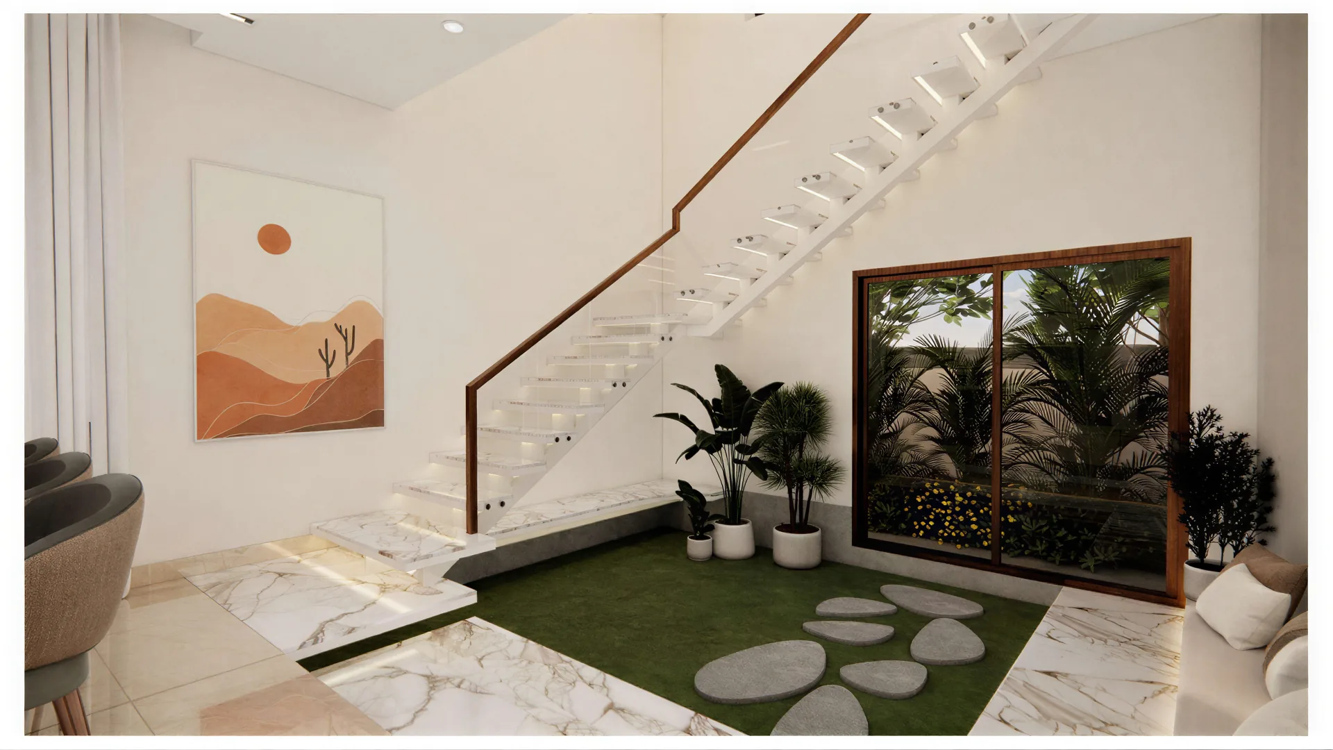 A floating staircase beside an indoor garden. Artist's impression.